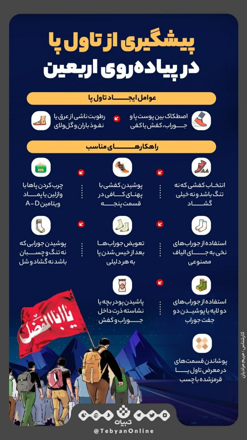 📸 پیشگیری از تاول پا در پیاده‌روی اربعین  🔸زائران اربعین وقتی راهی این پیاده‌روی بزرگ می‌شوند، بعد از خستگی راه ممکن است پاهایشان دچار تاول شود.  🔹اینجا راه‌های پیشگیری از این اتفاق گفته شده است.  
